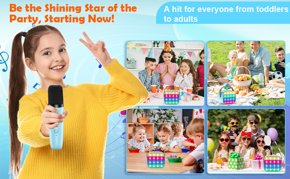 Дитяча караоке-машина з 2 мікрофонами, Bluetooth, світлові ефекти, для дітей 3-12 років