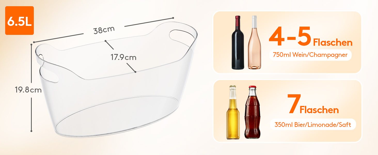 Охолоджувач для пляшок Lifewit 6,5L з лопаткою для льоду, пластиковий ведерко для шампанського (38 × 18 × 20cm), великий барний кулер з ручками для вина, пива, шампанського, напоїв, контейнер для фруктів та овочів