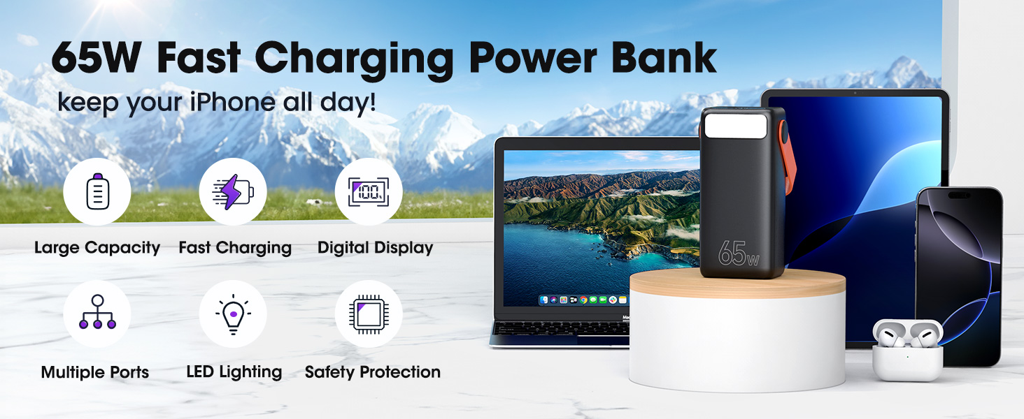 Power Bank 60000mAh 65W з 3 виходами USB-C, чорний: для ноутбуків, смартфонів, планшетів
