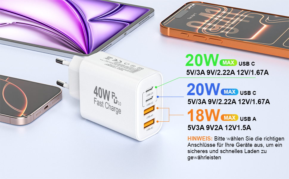 Зарядний пристрій USB-C 2-в-1, 4 порти 40W, PD 3.0 для iPhone 17/16/15/14/13/12/11 Pro/Max/Plus/XR/XS, iPad, Samsung - Швидка зарядка