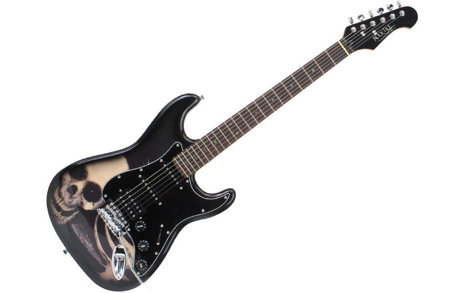 Електрогітара Rocktile Pro ST60-SKULL з дизайном черепа (Humbucker, 2 Single Coils, 22 лади, гриф з рожевого дерева, корпус з липи, гриф з клена)