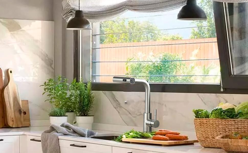 Кухонний змішувач AIMADI висувний з 3-ма режимами, з душовою насадкою, 38 см, однорідний, для холодної та гарячої води, для раковини та кухонного острова, з нержавіючої сталі, водоспад, матовий нікель