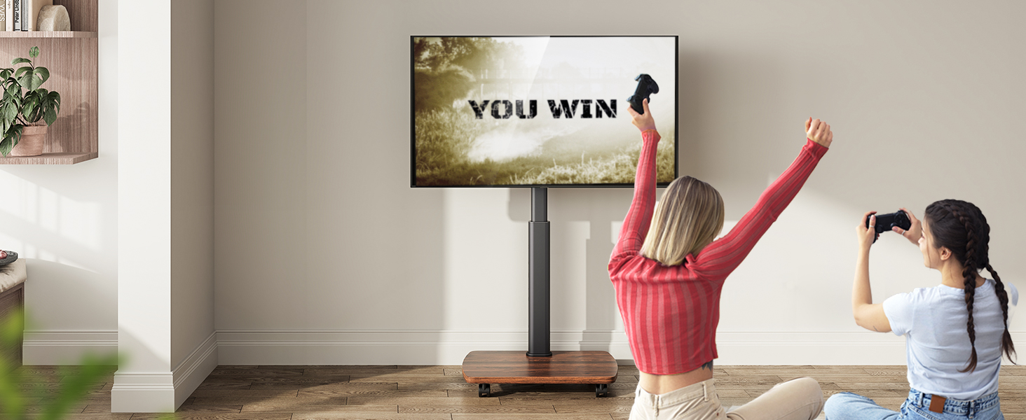 AOKCOS Rolling TV Stand with Wood Shelf - Adjustable Height & Swivel - VESA 400x400 - Holds 32-65 Inch TVs up to 40kg