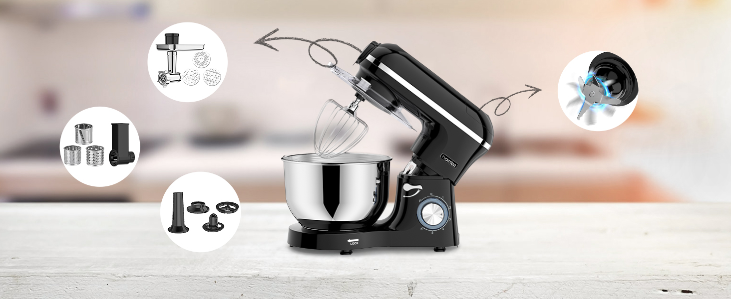 Homlee 3-in-1 Kitchen Machine with 1800W Power - Food Processor, Mixer, Meat Grinder & Juicer with 5.5L Stainless Steel Bowl