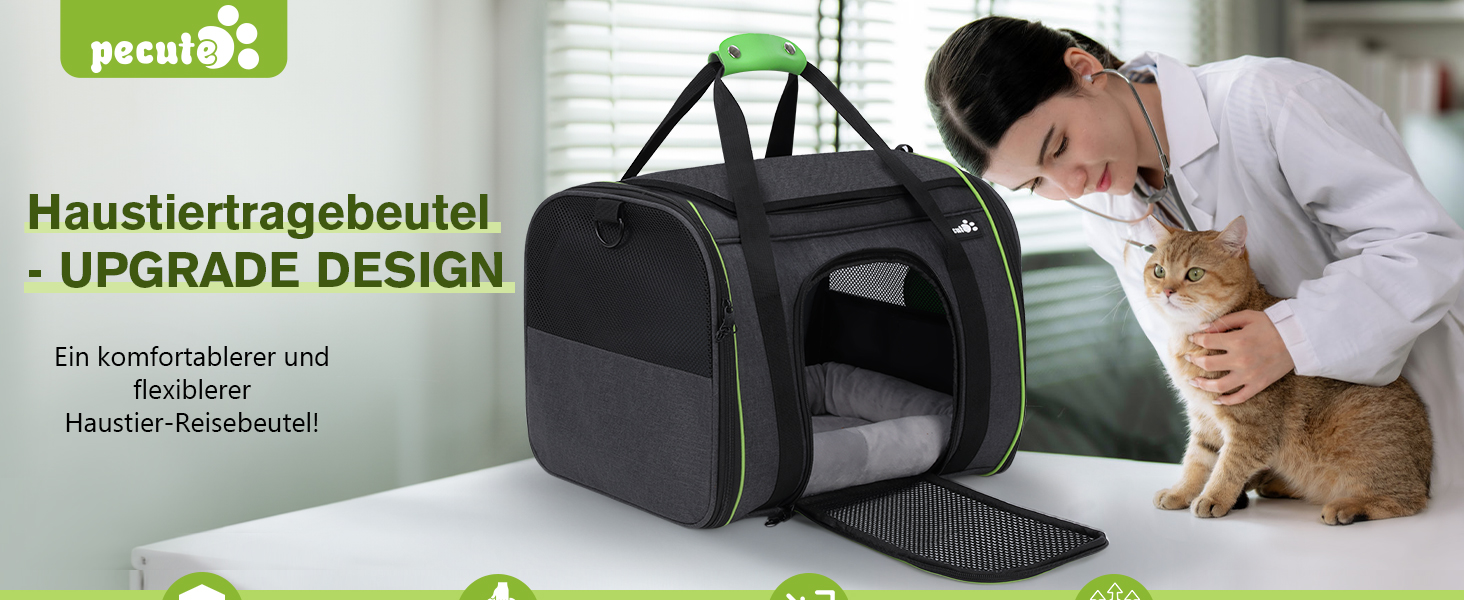 Транспортна переноска для котів Pecute, переноска-ліжко для тварин, складана переноска-сумка для котів та собак, переноска для собак з регульованим плечовим ременем, XL (45 x 35 x 32 см), темно-сірий + зелений (з подушкою)