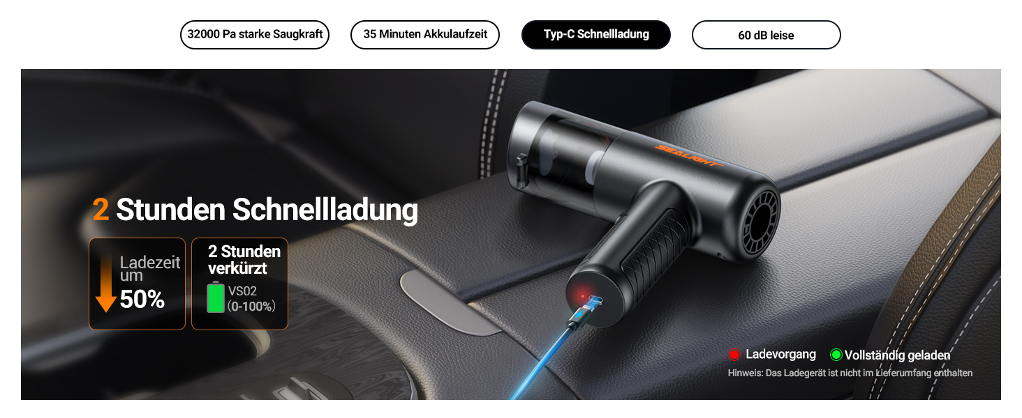 Акумуляторний пилосос SEALIGHT Handstaubsauger 32000 Pa безщітковий, міні-пилосос 4-в-1 з контейнером для пилу та чохлом для зберігання