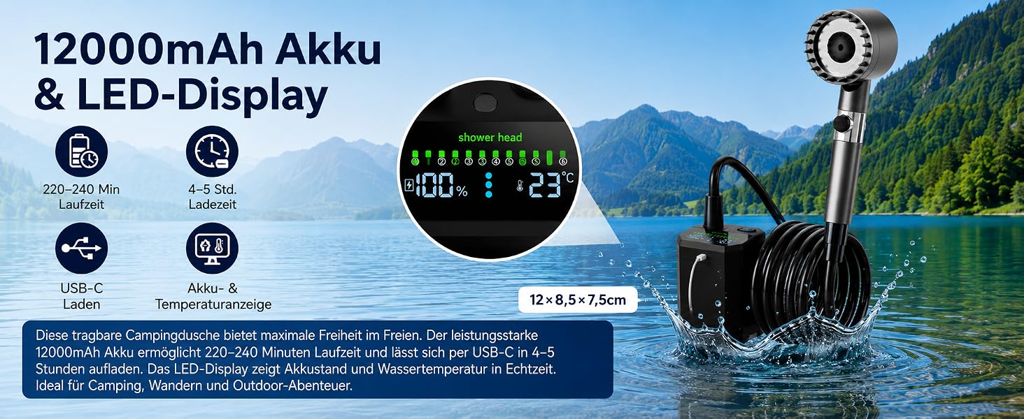 Портативний кемпінговий душ LANMOU з насосом та акумулятором 12000mAh, водонепроникний IPX8 для подорожей, кемпінгу та Vanlife