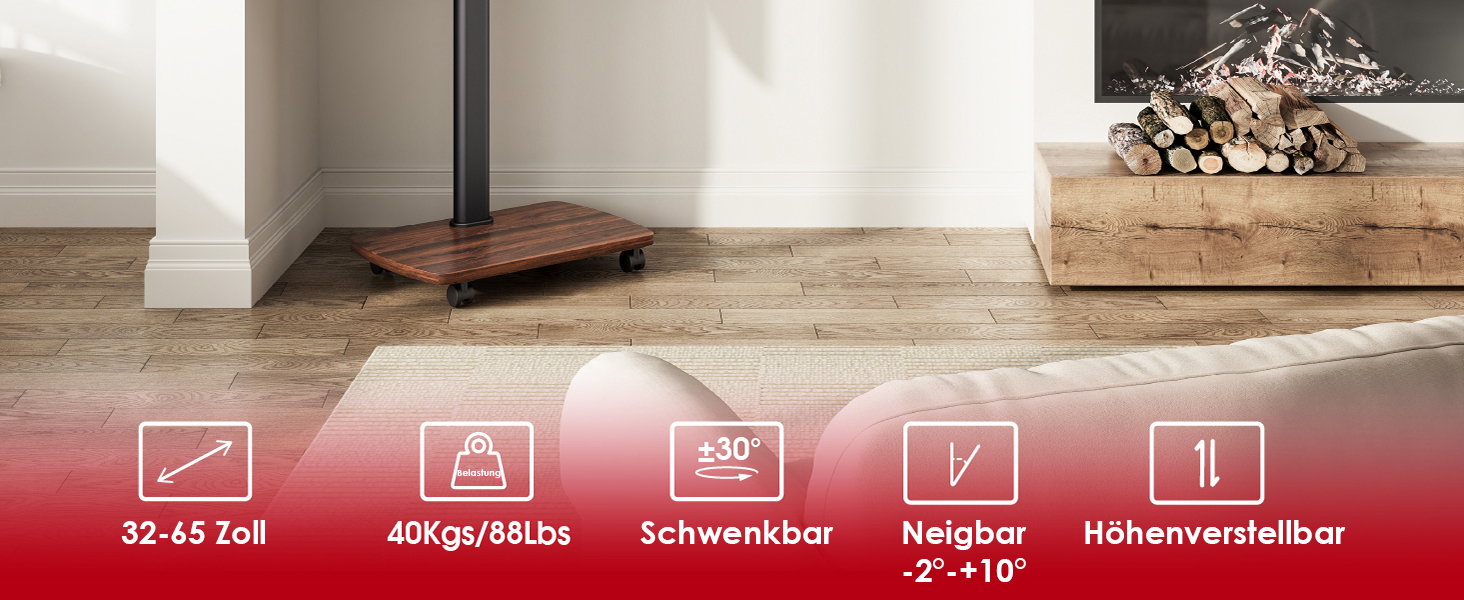 AOKCOS Rolling TV Stand with Wood Shelf - Adjustable Height & Swivel - VESA 400x400 - Holds 32-65 Inch TVs up to 40kg