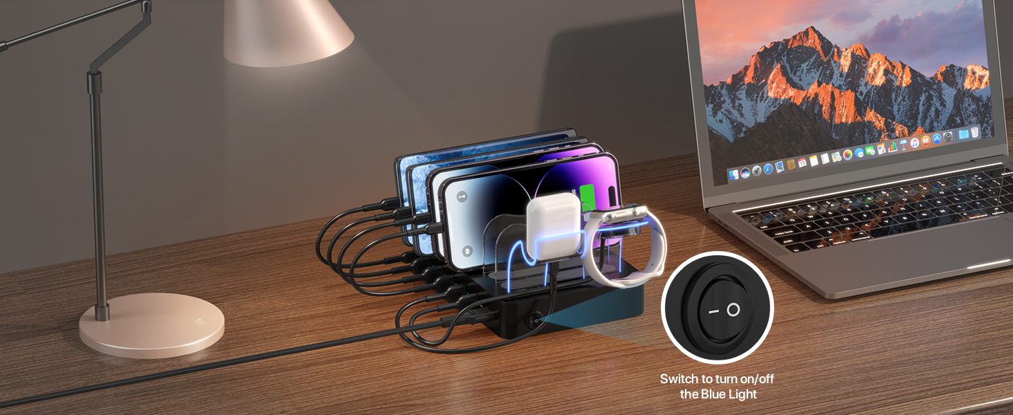 Зарядний хаб SooPii USB 60W/12A з 6 портами, органайзер для декількох пристроїв, з тримачем для Apple Watch, 6 кабелів у комплекті (Чорний)