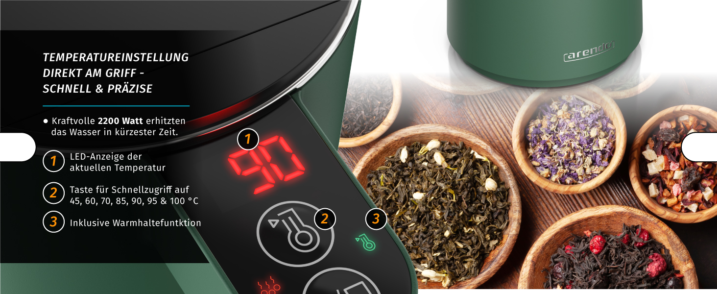 Електричний чайник Arendo з регулюванням температури (45°C-100°C), 1.5 л, з подвійними стінками, без BPA, з функцією підтримання тепла, зелений