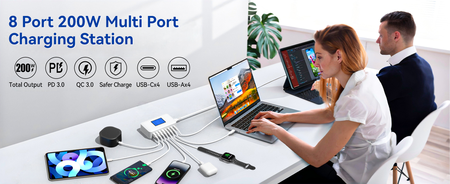 Зарядний пристрій USB-C 200W, 8 портів, LCD-дисплей, PD 65W для MacBook, iPad, iPhone 16/15/14/13 Pro/Max, Samsung S24/S23 - Чорний