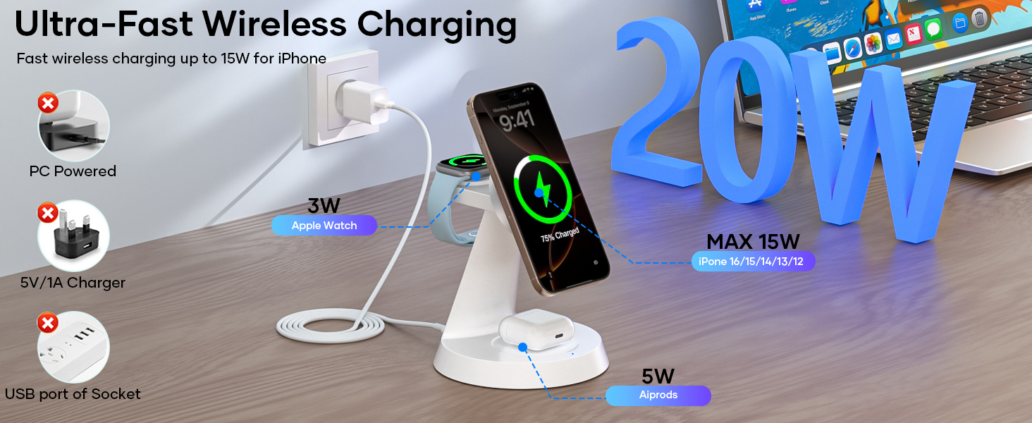 Зарядна станція Mag-Safe 3-в-1: для iPhone, Apple Watch, AirPods (біла)