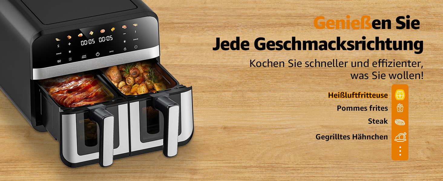 Фритюрниця повітряна Jacgood з 2 кошиками, 1800W, 9L, цифрове керування, 8 меню, з прозорим вікном