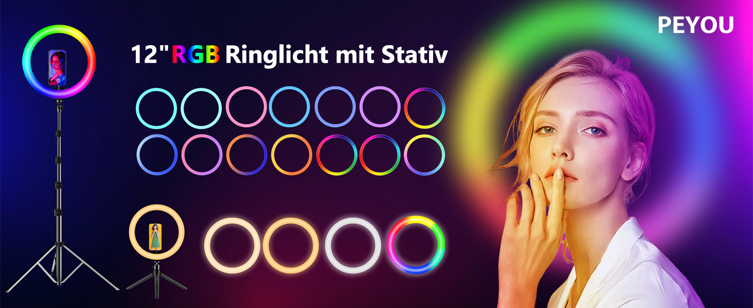 PEYOU Кольцеве світло з триподом 12'/186 см, 48 RGB режимів, регульований трипод для смартфона, для TikTok, YouTube, макіяжу та фотографії