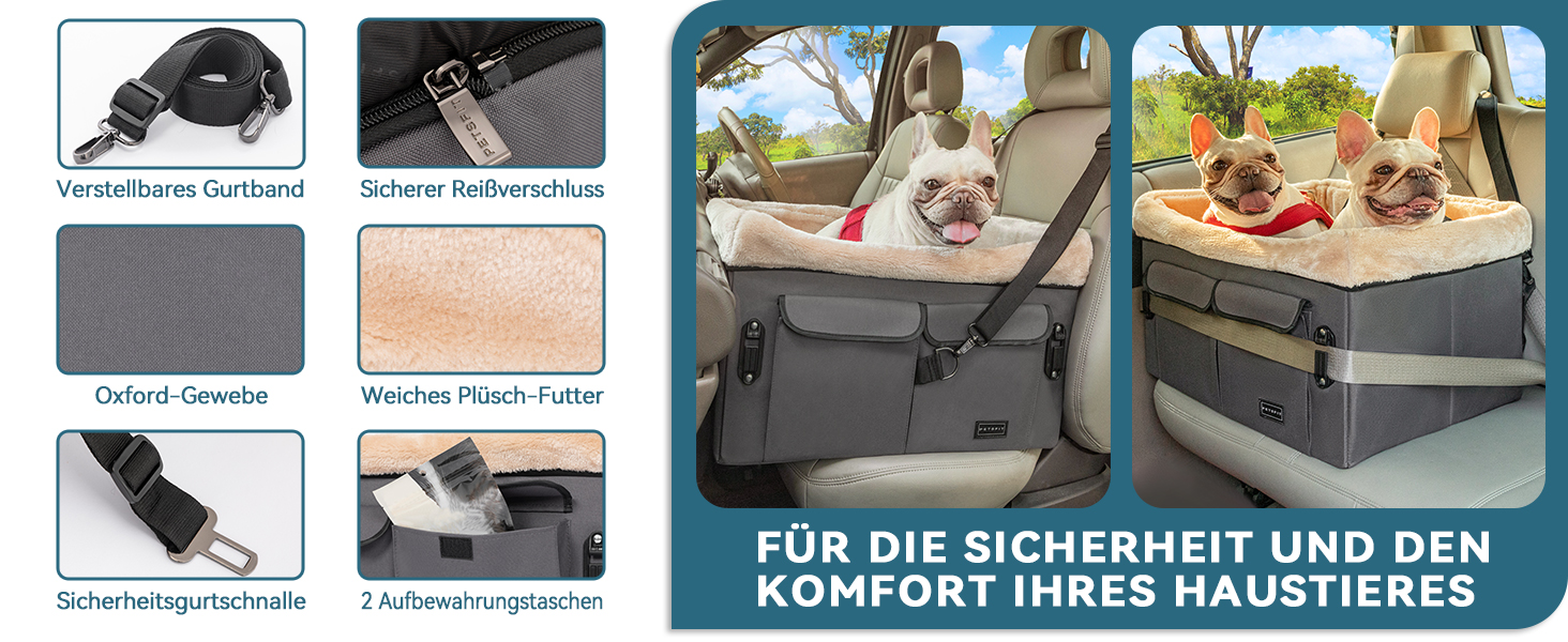 Автокрісло для собак Petsfit M, сірий: зручне автокрісло для середніх та 2 маленьких собак з підкладкою, ременями та кишенею