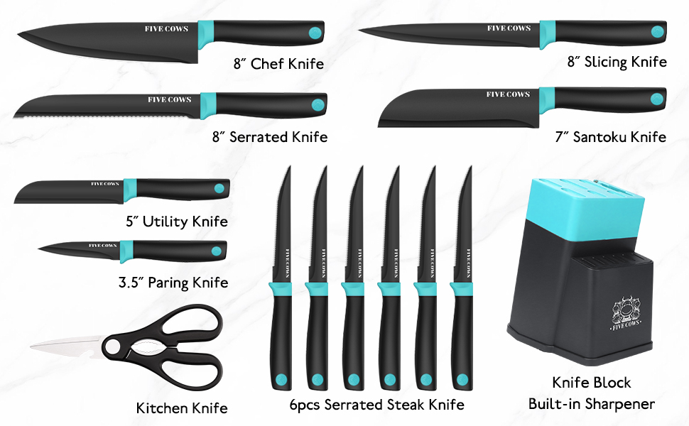 Набір кухонних ножів FIVE COWS (14 предметів) з автоматичним точильним, з ножем для стейку та ножицями, антиокислювальне покриття, професійний набір для дому (зелений)