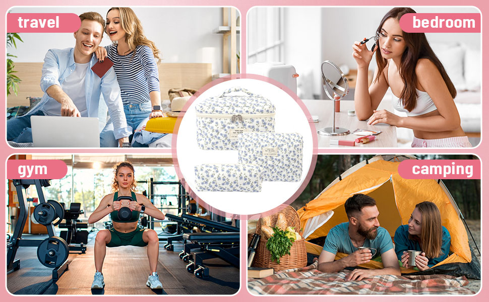 Набір косметичок з квітами для дівчаток, набір культуртреш для жінок, степкова косметичка для макіяжу, бавовняний культуртреш, косметичка Coquette, естетичні речі Clean Girl, косметична сумка (біло-рожева стрічка)