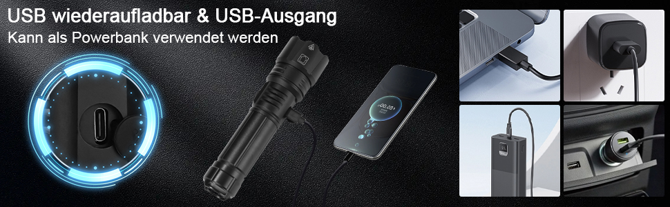 LED ліхтарик на акумуляторі, надзвичайно яскравий 1200000 люмен, з функцією зуму, тактичний, з 5 режимами, водонепроникний IP67, для кемпінгу, риболовлі, туризму, активного відпочинку та надзвичайних ситуацій (P70-kit)