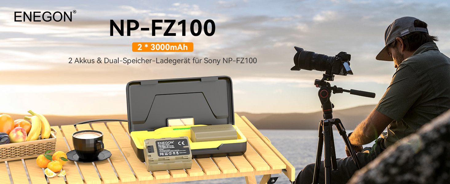 Зарядний комплект ENEGON NP-FZ100 20W для Sony Alpha: A7 IV, A7 III, A9, A9R, A6700, A6600, FX3, FX30, A1 (2 x 3000mAh), з дисплеєм, SD-картридер