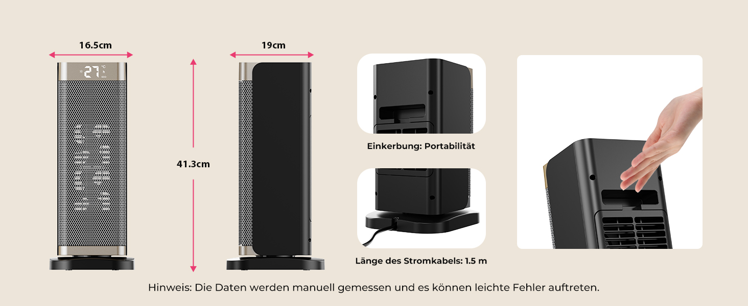 Електричний обігрівач 2000W з економним споживанням, тихий, 3 режими, PTC кераміка, швидкий нагрів, ECO режим, пульт ДУ, таймер 12H, поворот 70°, для офісу, спальні, ванної кімнати, золотий