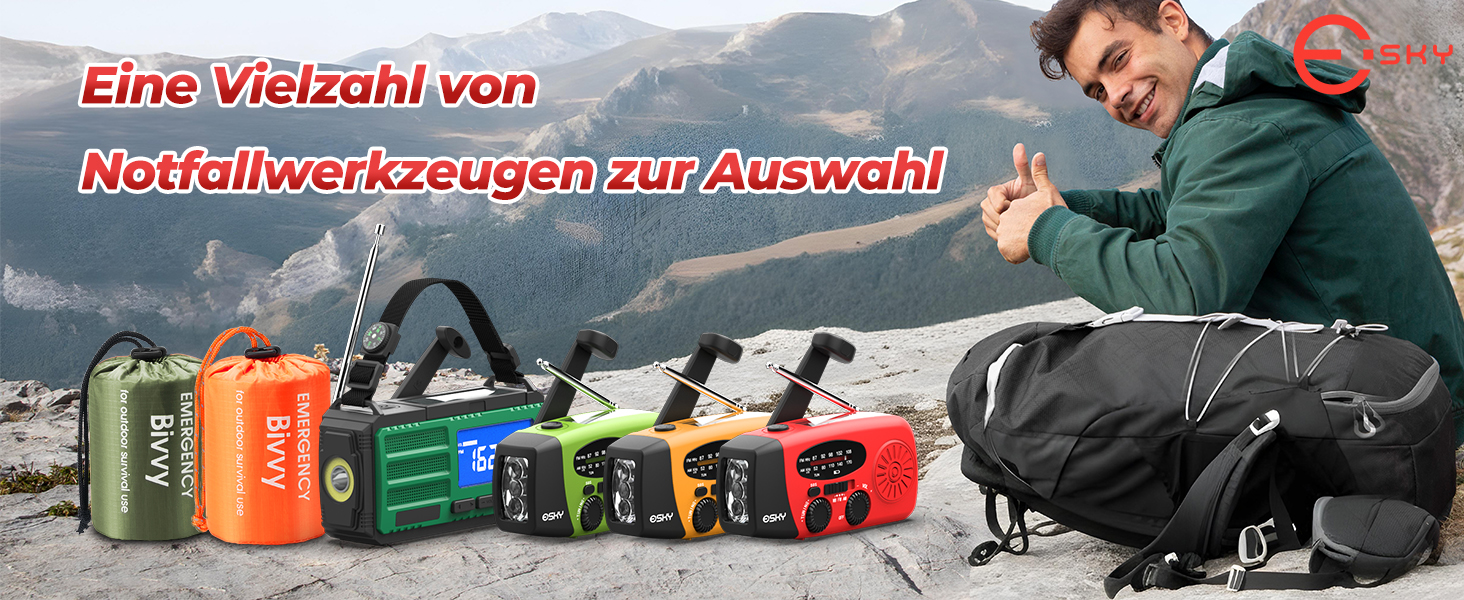 Радіо Esky Kurbelradio AM/FM водонепроникне, портативне з динамо-машиною, SOS-сигналом, Power Bank та LED-ліхтариком (червоне) - для походу, надзвичайних ситуацій