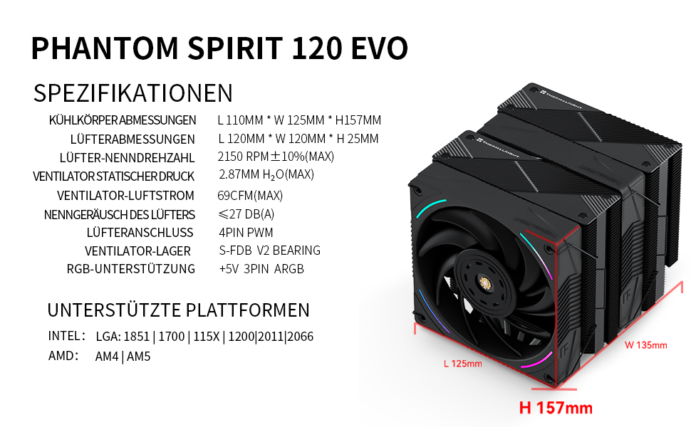 Кулер для процесора Thermalright Phantom Spirit 120 EVO, 7 теплових трубок, 2 PWM вентилятори, 2150 RPM, сумісність з AMD AM4/AM5 та Intel LGA 115X/1200/1700/1851/20XX, чорний