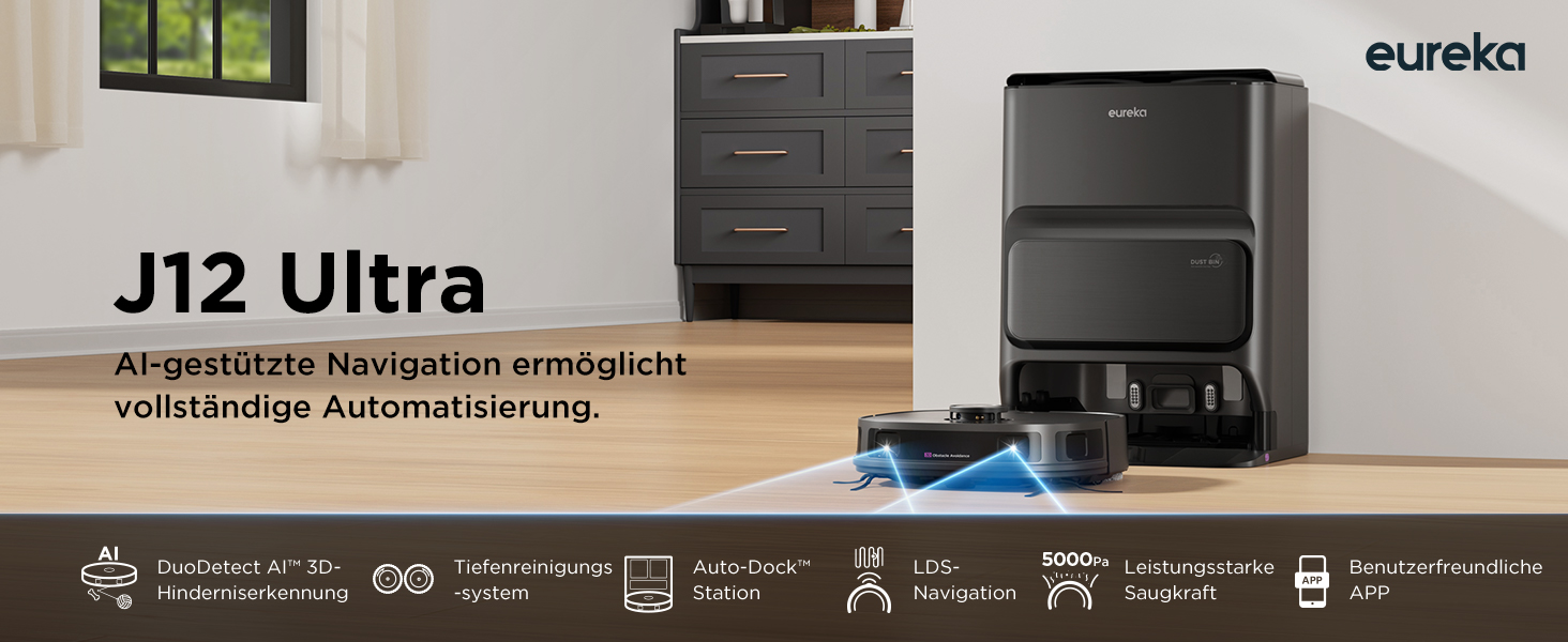 Робот-пилосос Eureka J12 Ultra з функцією миття підлоги (автоматичне очищення, прання та сушка), потужність всмоктування 5000Pa, обертова функція миття, Dual-LiDAR навігація, 3D уникнення перешкод, чорний