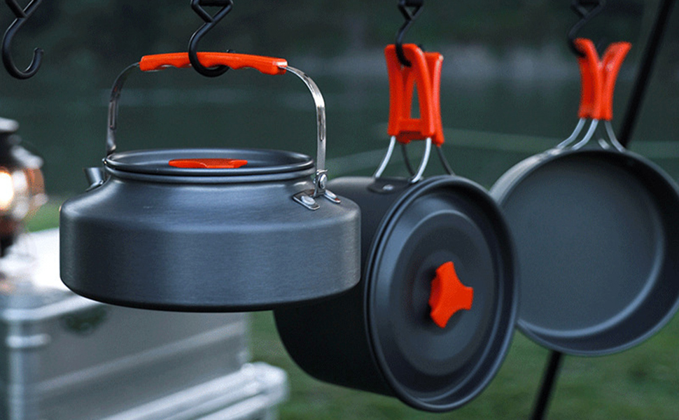 Набір кухонного посуду для кемпінгу, 10 предметів: каструля, сковорода, чайник, сумка для зберігання. Для кемпінгу, пікніків та походів