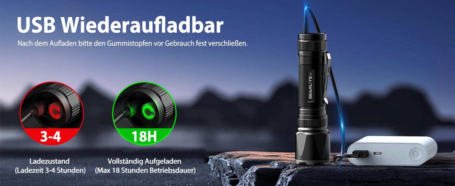 Тактичний ліхтарик GEARLITE 2 шт. - LED, 3000 люмен, Zoom, 3 режими, водонепроникний IP65, для кемпінгу, риболовлі, тактики