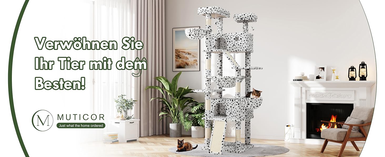 Котячий будиночок MUTICOR з когтеточкою, 206 см, багатоярусний, для великих котів, з лежаком-гамаком, широка база, колір: білий та чорний