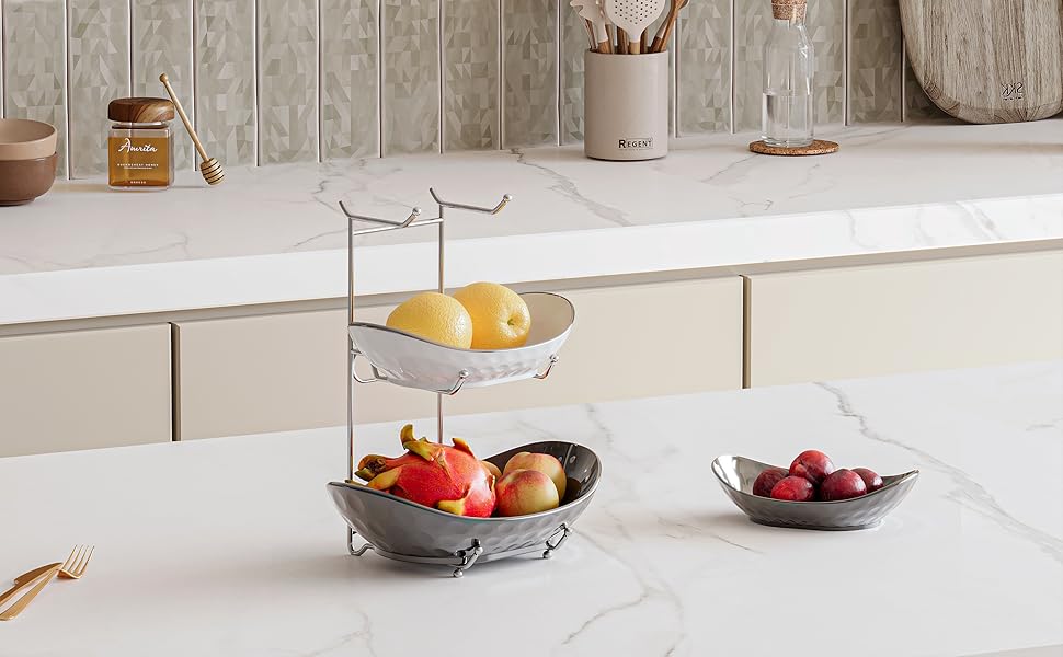 Набір для фруктів та овочів Acliys 3 яруси з кераміки, набір для кухні, порцелянові миски для зберігання фруктів, овочів, снеків, десертів, тортів, тарілка-решітка для вечірки, весілля, сріблястий