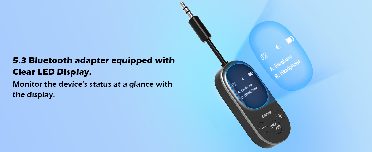 Bluetooth-адаптер 2-в-1 (передавач та приймач) з OLED-дисплеєм, aptX Low Latency, роз'єм 3.5 мм Jack для ТБ, літака, навушників та AirPods, чорний