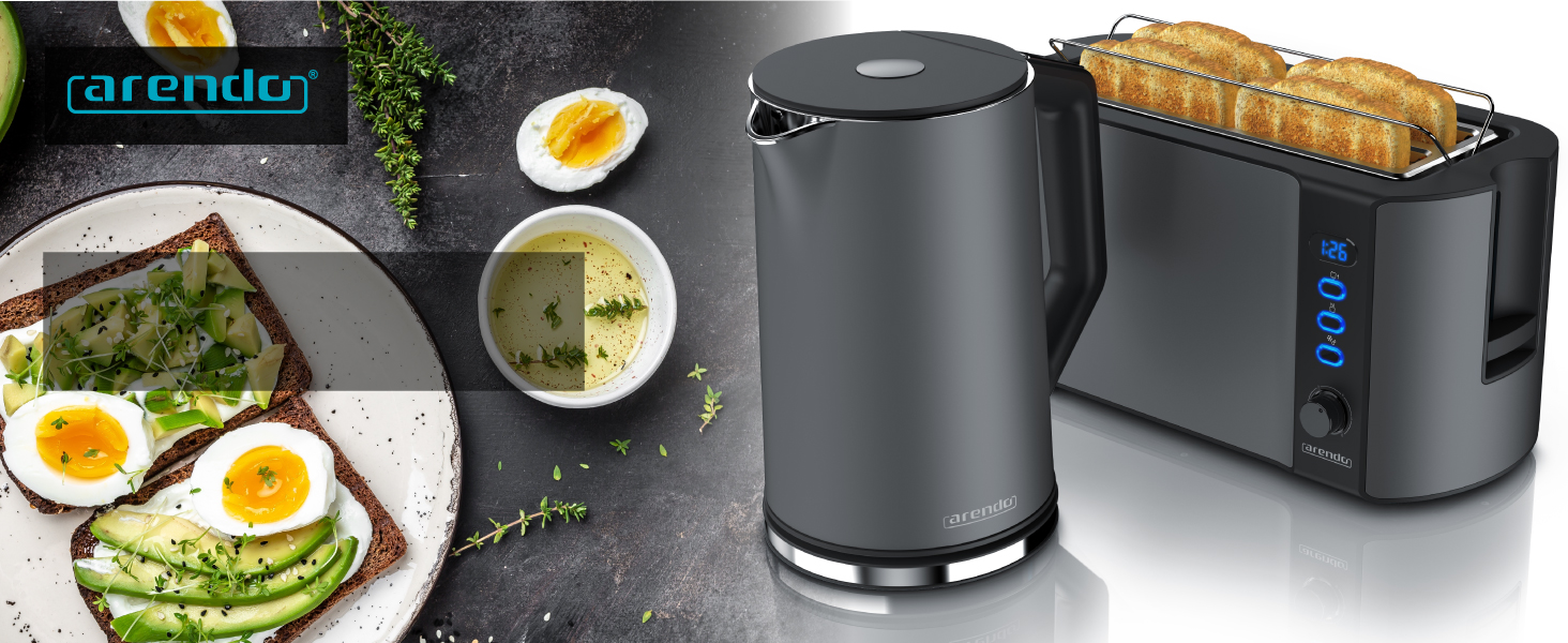 Електричний чайник та тостер Arendo SET з нержавіючої сталі Cool Grey, 1.5л, 40-100°C, підігрів, тостер на 4 тости, LED-дисплей, 6 рівнів підсмажування, підставка для булочок