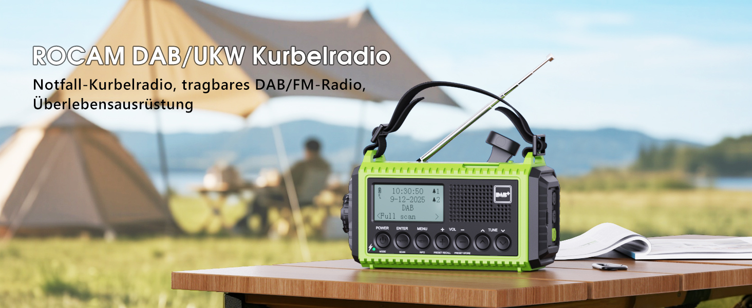 Радіо DAB/DAB+/UKW з вбудованим акумулятором 5000mAh, сонячне радіо, радіо для надзвичайних ситуацій з USB-зарядкою, радіо для кемпінгу з LED-ліхтариком, SOS-сигналом, портативне радіо з ручним приводом для активного відпочинку (зелене)