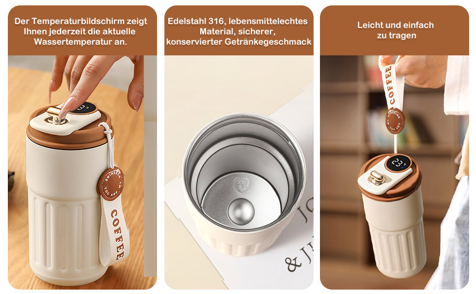 Термокружка для кави HomeAlexa з цифровим дисплеєм, 410 мл, нержавіюча сталь 316, ізольована, з кришкою, для подорожей