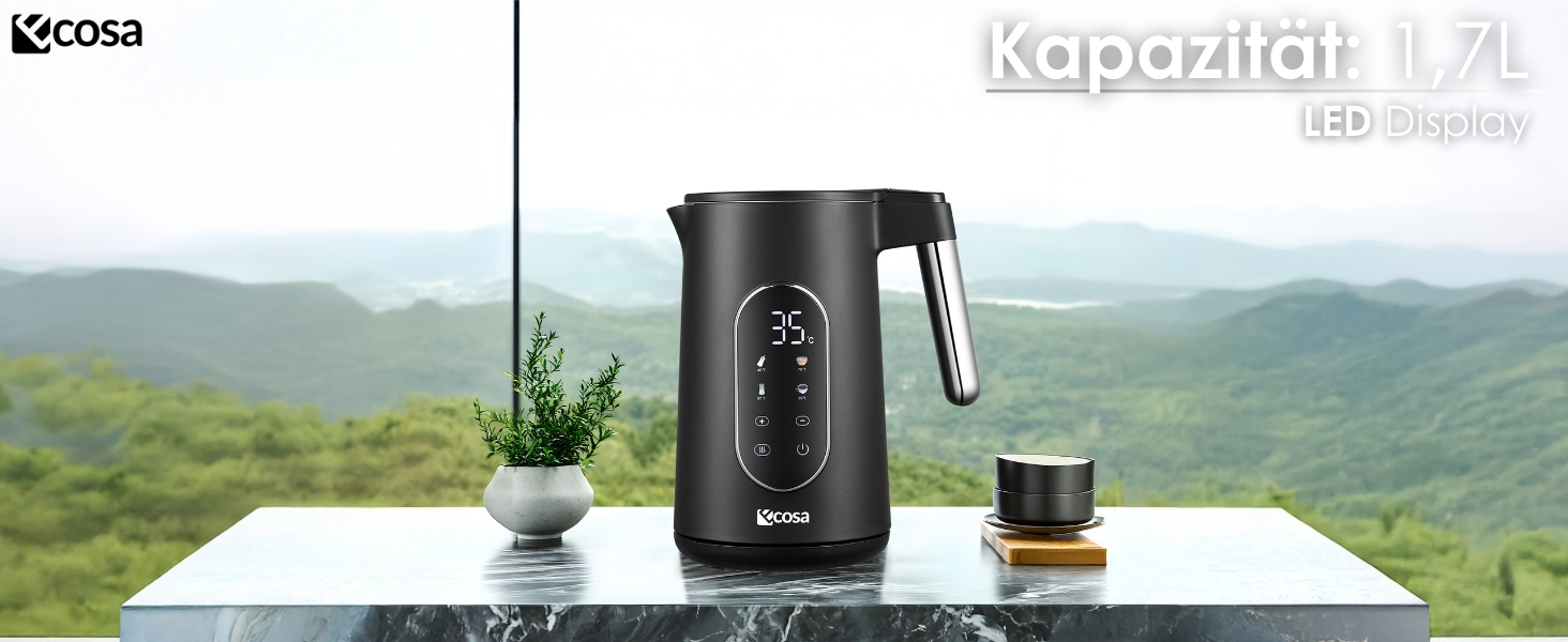 Електричний чайник-заварник зі сталі з регулюванням температури 40-100°C, 1.7 л, 2200 Вт, без BPA, з підігрівом та LED дисплеєм (чорний)