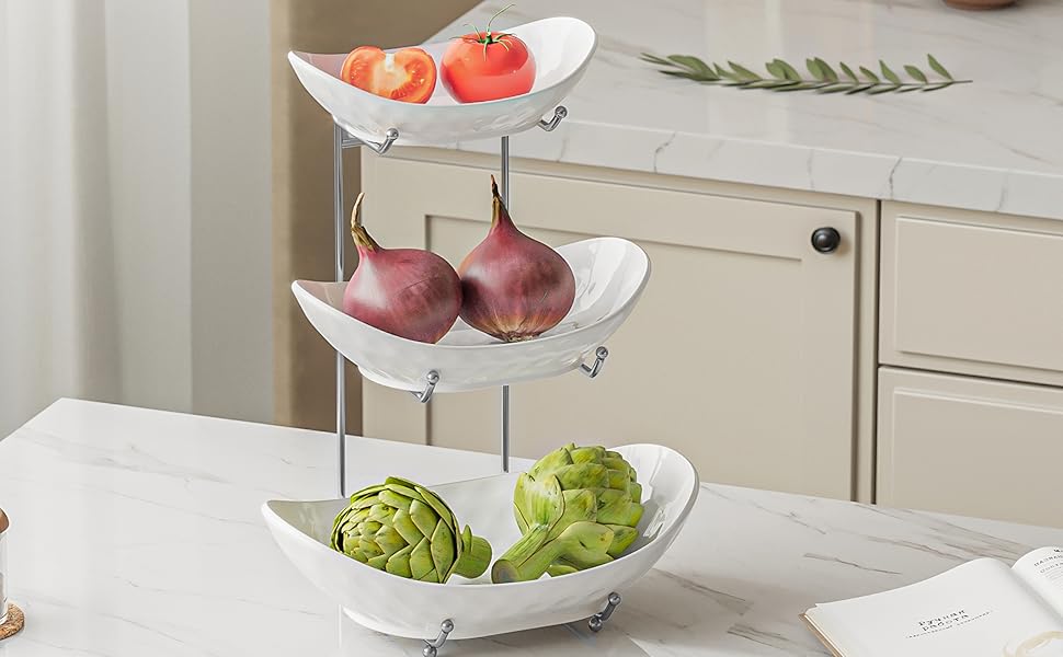 Багатоярусна фруктова тарілка Acliys 3 яруси з кераміки для кухні, зберігання фруктів, овочів, снеків, десертів