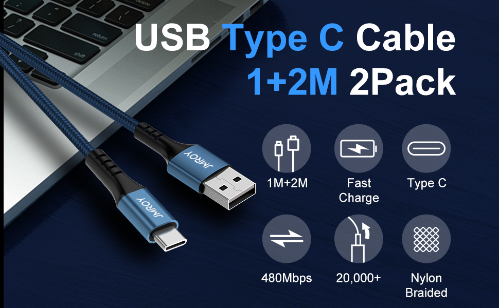 Кабель USB-C 2 шт. (1м + 2м) блакитний, 3.1A, для Samsung, Huawei та інших