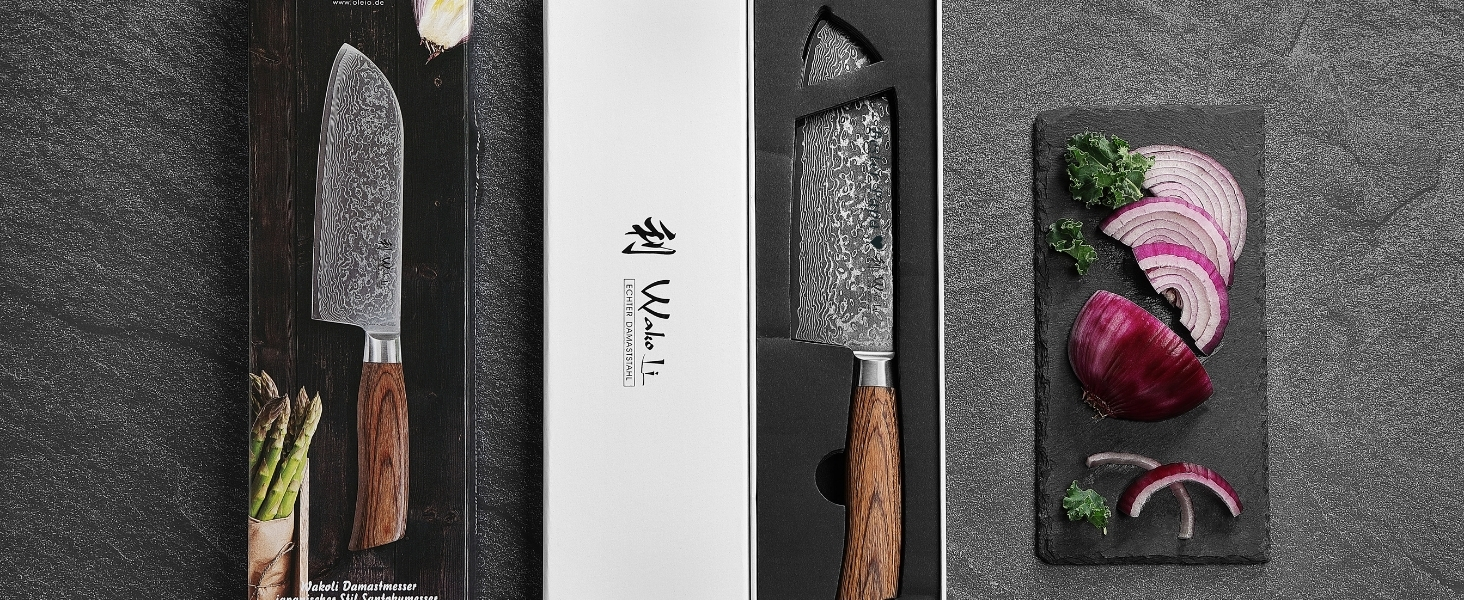 Ніж кухонний Wakoli EDIB Pro Santoku з дамаської сталі (VG10) 17 см, рукоять Pakkawood, подарункова коробка - для м'яса, риби та овочів, з можливістю гравіювання