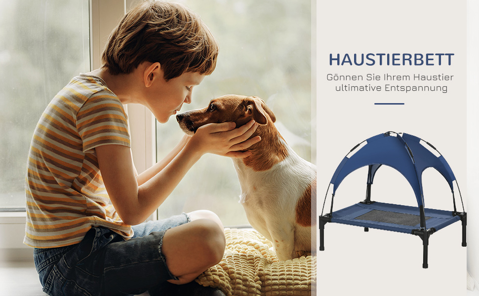 Підвищене собаче ліжко PawHut з балдахіном, для собак, вулиця, дихаючий матеріал, тафта, кемпінг, темно-синій, 61 x 46 x 62 см