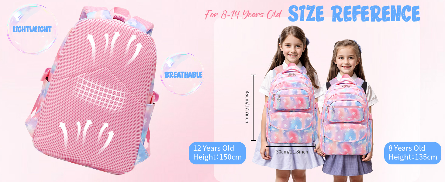 Шкільний рюкзак Tanou для дівчаток 3 шт. з ланч-боксом та пеналом, дихаючий, легкий, 22 літри, для 3-9 класів, фіолетовий зірковий принт