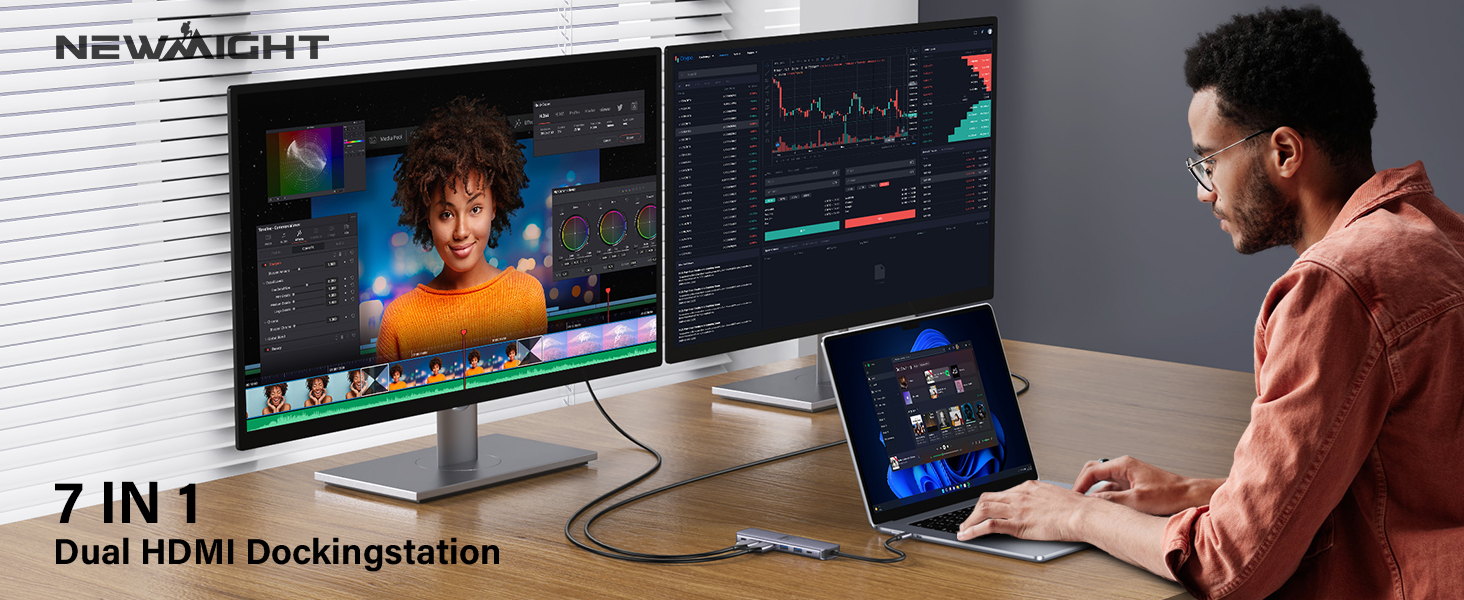 Док-станція для ноутбука Newmight з двома моніторами, адаптер HDMI 4K, Ethernet 1 Gbps, PD 100W, 3 USB 3.0, SD/TF Reader, для HP/Dell (Сірий)