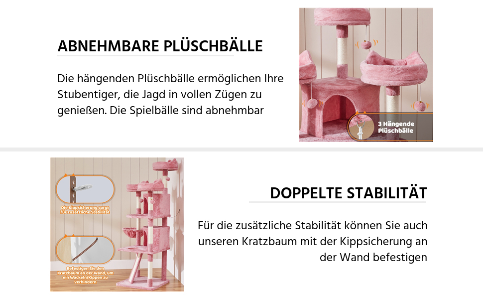 Кігтеточка-комплекс Yaheetech для котів 174 см з 3 платформами, ігровий будиночок, рожевий