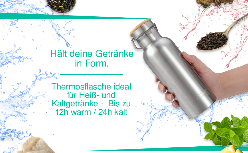 Термос-пляшка 1л: термопляшка, ізотермічна пляшка, зберігає холод 25 годин/тепло 13 годин, без BPA, для походів, активного відпочинку, велосипеда, офісу (сито для чаю, 750 мл)