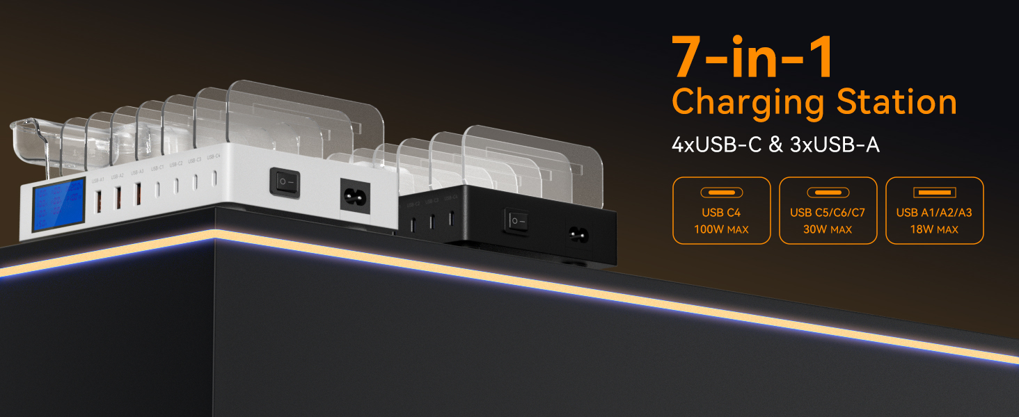 Зарядна станція 245W USB для 7 пристроїв з LCD-дисплеєм, кабелями та тримачем для iWatch, чорна - для iPhone, планшетів та іншої електроніки