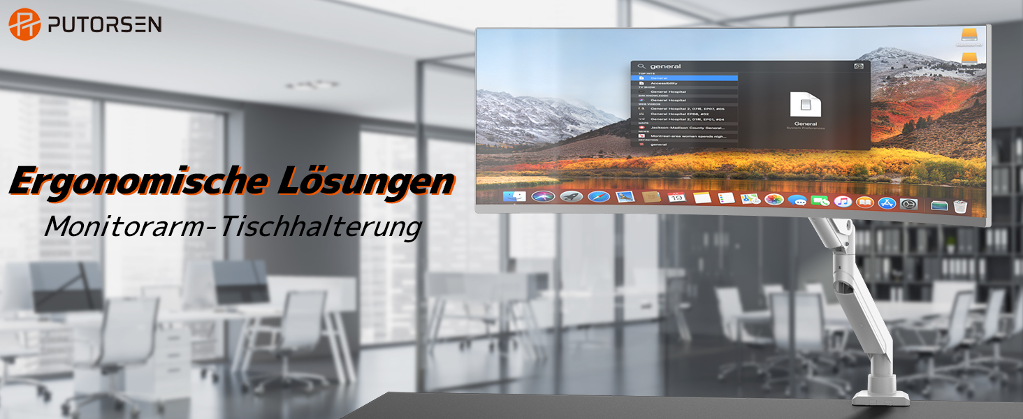 Кронштейн для монітора PUTORSEN Ultrawide до 49 дюймів (до 20 кг) — газліфт з регулюванням нахилу, повороту та обертання, VESA 75/100мм, білий