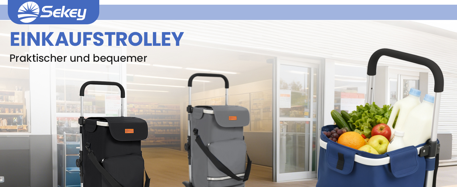 Складаний візок для покупок Sekey 60L з кулерним та відділенням для напоїв, 3-в-1, з регульованою ручкою, для покупок та кемпінгу, чорний