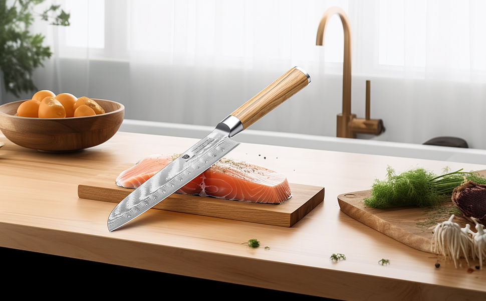 BRODARK Кухонний ніж для приготування їжі Дамаск, японський, VG10 сталевий клинок, професійний, ручка з оливкового дерева, нержавіюча сталь, 7 дюймів