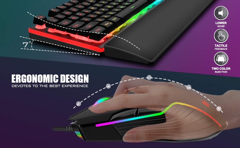 RedThunder K10 Ігровий Набір Клавіатура та Миша, QWERTZ DE-Layout, Металева Пластина та Підставка для Руки, RGB-Підсвітка, 7D, Ергономічний, для ПК Геймерів (Чорний)