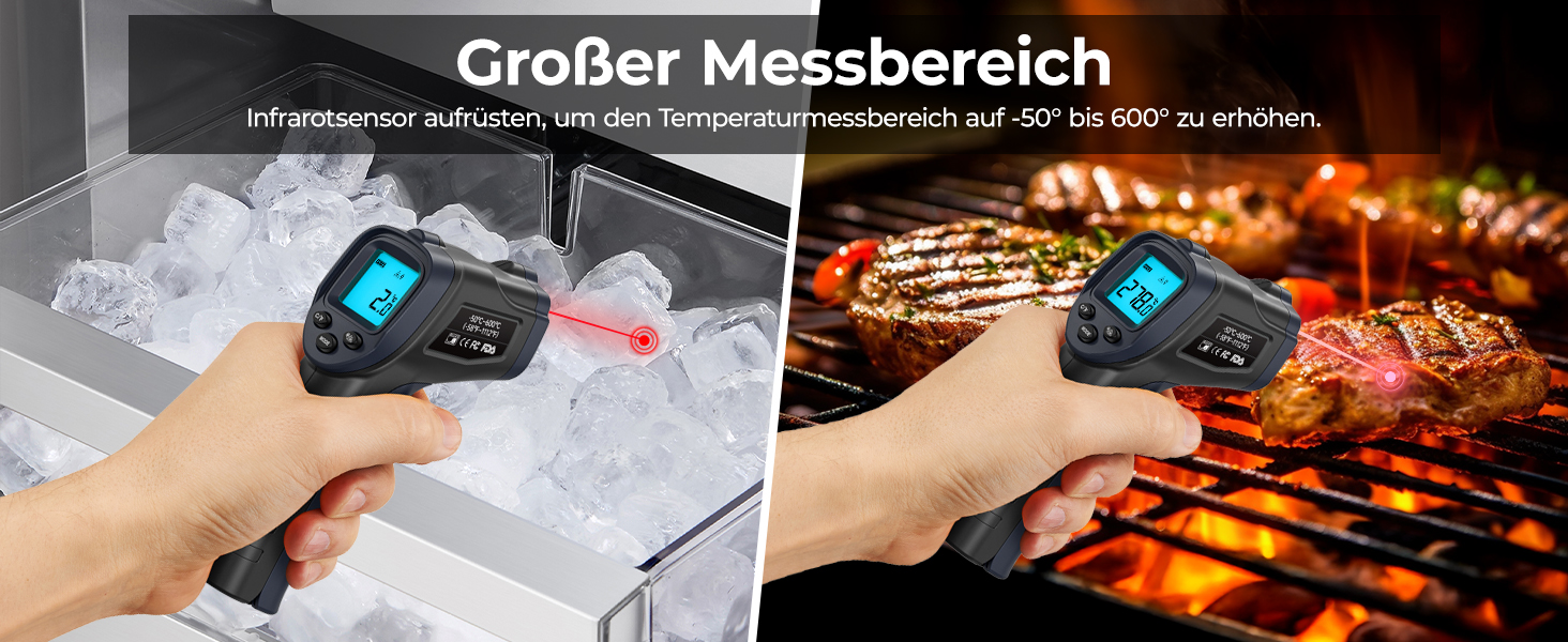 Інфрачервоний термометр ERICKHILL -50℃~600℃ безконтактний лазерний пістолет для вимірювання температури з LCD-дисплеєм, регульованою емісією - для приготування їжі/барбекю/морозильної камери/промисловості, чорний/синій, 600℃, базова версія